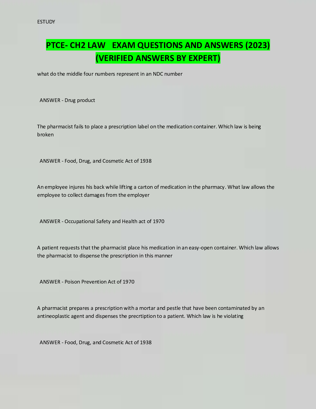 Preview image for PTCE- CH2 LAW EXAM QUESTIONS AND ANSWERS (2023)  (VERIFIED ANSWERS BY EXPERT)